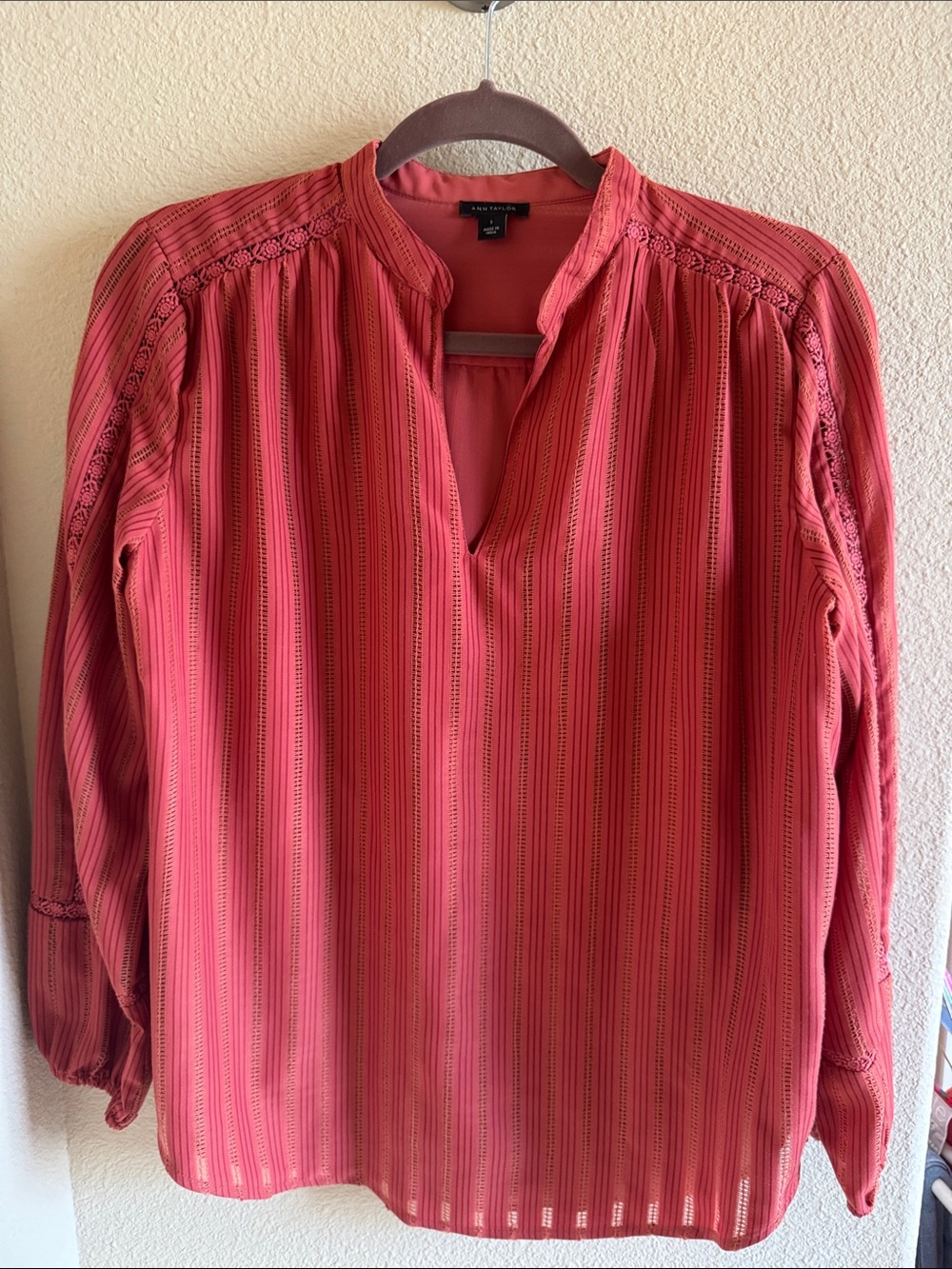 Ann Taylor Coral Striped Split-Neck Blouse